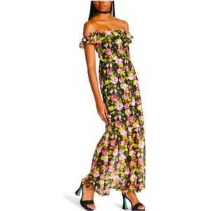 Betsey Johnson | Black and Pink Floral Print Lace Maxi Dress Off Shoulder